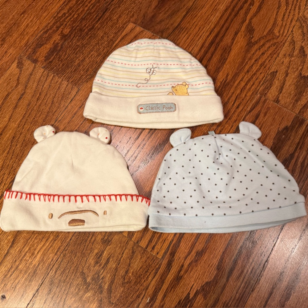 Lot of 3 Newborn Baby Hats - Winnie the Pooh / Bear themed